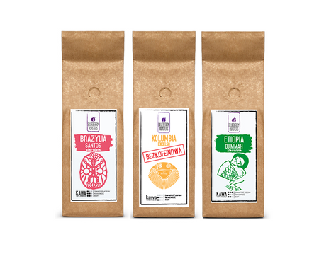 Sada zrnkové kávy - Brazílie, Etiopie, Kolumbie bez kofeinu - 3x250g 