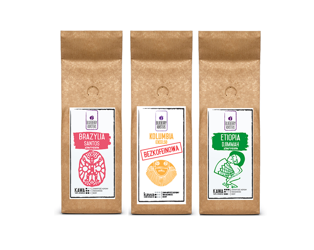 Sada zrnkové kávy - Brazílie, Etiopie, Kolumbie bez kofeinu - 3×250 g